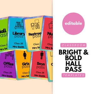 Bright and Bold Rainbow Classroom Hall Pass, Canva Templates, Bathroom, Restroom, Office, Elementary School, High School, Teacher Passes