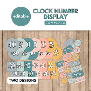 Puede incluir: Dos diseños de pantallas de números de reloj imprimibles. El primer diseño presenta círculos redondos con los números 00, 05, 10, 15, 20, 25, 30, 35, 40, 45, 50 y 55. El segundo diseño presenta formas rectangulares con los mismos números. El fondo es un patrón de veta de madera.