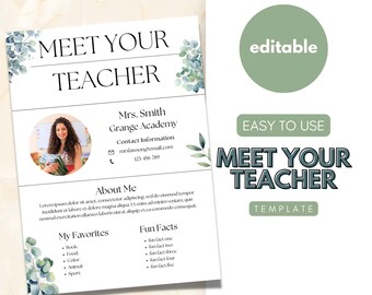 Plantilla de folleto para conocer a los maestros, boletín informativo para maestros, regreso a clases, eucalipto, plantilla editable, conocer a su maestro, primer día de clases