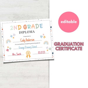2nd Grade Graduation Certificate, Second Grade, Graduation Diploma, Elementary School, Last Day Of School, Graduation Party, Canva Template