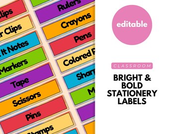 Bright & Bold Stationery Labels, Rolling Cart Labels, Trolley Labels, Classroom Decor, Classroom Labels, Teacher Labels, Teacher Toolbox