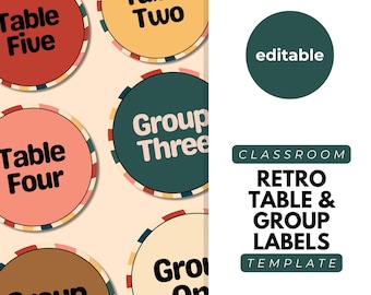 Retro Classroom Table Labels, Group Signs, Table Numbers Pack, Group Number Signs, Labels, Classroom Decor