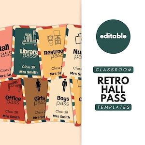 Retro Regenbogen Klassenzimmer Pass, Canva Vorlagen, Badezimmer, Toiletten, Büro, Grundschule, Gymnasium, Lehrerpässe