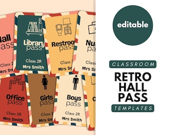 Retro Rainbow Classroom Hall Pass, Canva Templates, Bathroom, Restroom, Office, Elementary School, High School, Teacher Passes