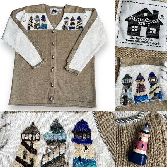 VTG Storybook Knits HSN Lighthouse Row Cardigan S… - image 1