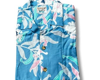 Kahala Hawaiian Shirt Tropical Floral Print Blue Button Up Short Sleeve Size XL