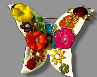 Vintage Butterfly Pin Brooch Enamel Colorful Flowers Ladybugs 2" x 2" Mod 70s