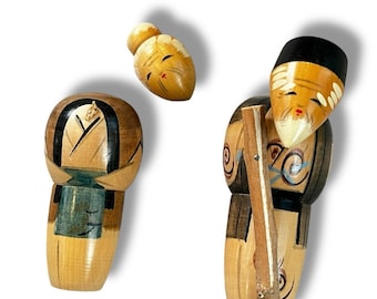 Conjunto de muñecas Kokeshi vintage: Pareja de madera pintada con arte popular (5") DEFECTO