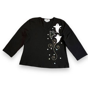Vintage Halloween Knit Top Jack B Quick Applique Ghosts & Beading Black Large