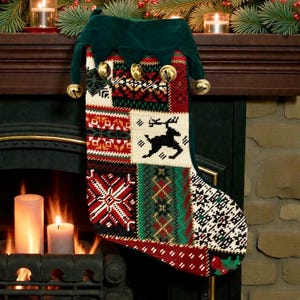 Needlepoint Christmas Stocking 18" Patchwork Reindeer Snowflakes Jingle Bells