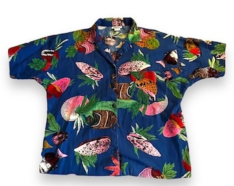 Walnut Square Camp Shirt Size 10 Fish Print Button Up Short Sleeve Tropical Sea Life Ocean