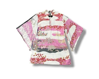 Lucky Brand Asian Tunic Top Medium Kimono Sleeves Cherry Blossoms Birds Pink