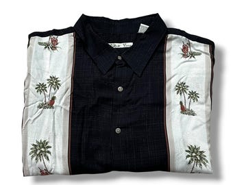 Vintage Batik Bay Hawaiian Shirt Palm Tree Pineapple Stripe 100% Rayon Mens 2XL