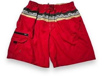 Vintage Speedo Swim Trunks XL Cargo Pocket Mesh Liner Red Tribal Stripe Beach