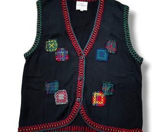 Susan Bristol Sweater Vest Plaid Patchwork Artsy Black Size Medium 90s Cottagecore