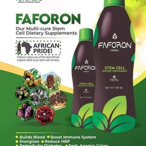 May include: Two bottles of Faforon Herbal Stem Cell Dietary Supplement, a multi-cure stem cell remedy. The bottles are brown with green labels and contain 540 ml. The label features the text "African Pride!" and lists benefits such as building blood, boosting the immune system, and reducing high blood pressure.