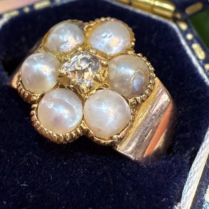 15ct Antique Georgian natural seed pearl and Rose cut diamond ring