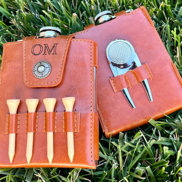 Personalized Golf Flask, Groomsmen Gifts Proposal, Initial Engraved Leather Case, Stainless Steel Flask, Divot Tool, Ball Marker, Tees