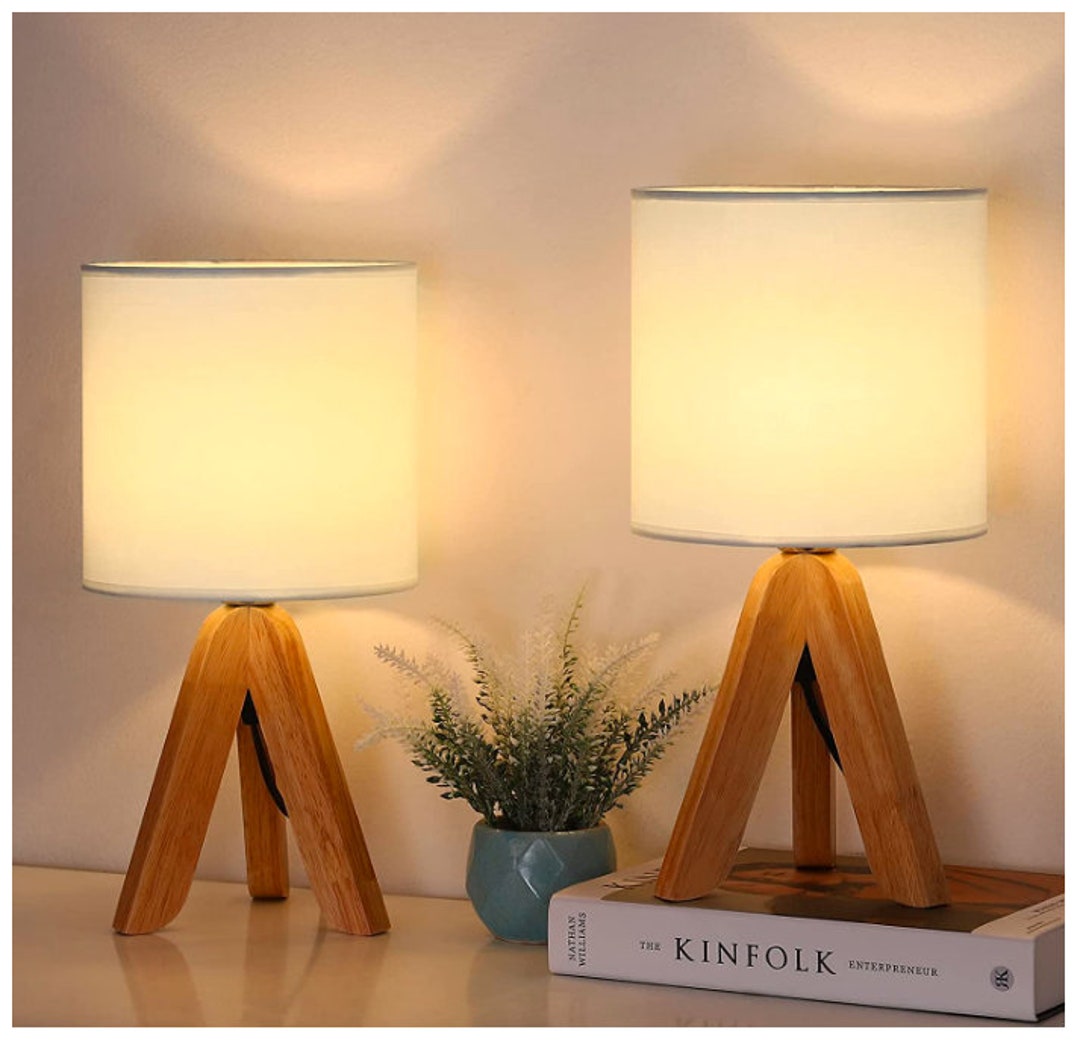Small Bedside Table Lamps Set of 2 Wooden Tripod Nightstand Etsy