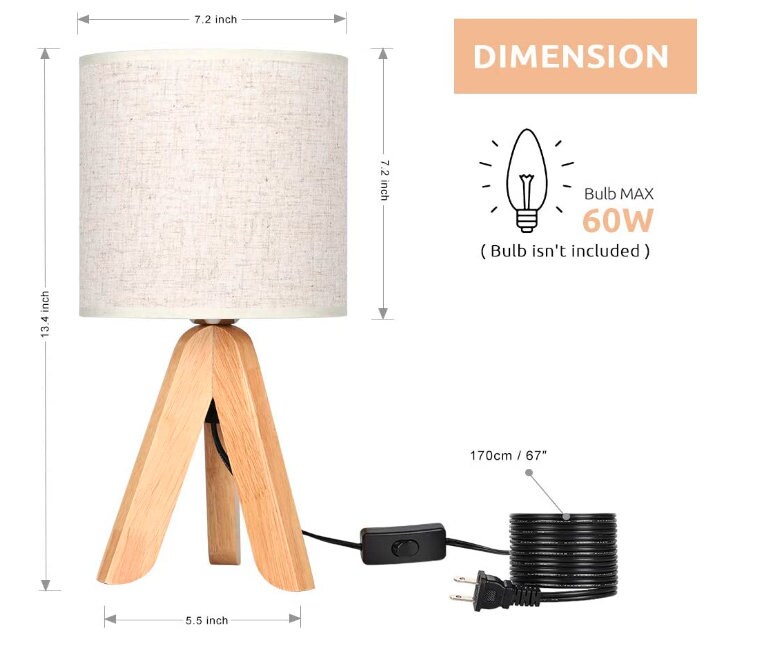 Small Bedside Table Lamp Wooden Tripod Nightstand Lamp for Etsy