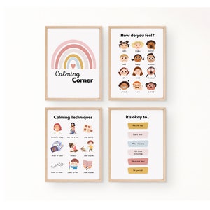Calm Down Corner, juego de 4 carteles imprimibles, tarjetas didácticas sobre sentimientos y emociones, impresiones para el hogar y la escuela, impresiones para el aula, impresiones para la sala de juegos, Montessori, niños