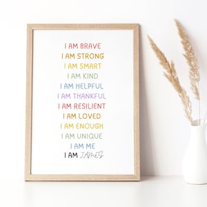 Arte de pared con afirmaciones personalizadas para niños, decoración de pared para habitación de niños, letrero de afirmación "Yo soy", arte de pared para niños, afirmación positiva