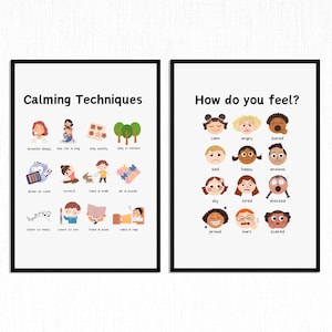Calm Down Corner, juego de 2 carteles imprimibles, tarjetas didácticas sobre sentimientos y emociones, impresiones para el hogar y la escuela, impresiones para el aula, impresiones para la sala de juegos, Montessori, niños