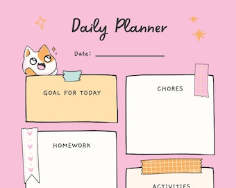 Puede incluir: Un planificador diario rosa con una ilustración de un gato y secciones para objetivos, tareas, deberes, actividades y notas.