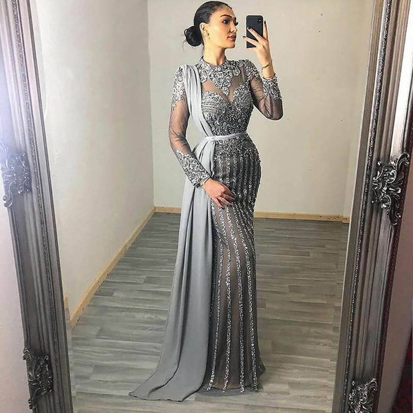 Luxury Crystal Dubai Muslim Evening Dress Gray High Neck Floor Length Arabic Formal Dresses For Women Wedding Party