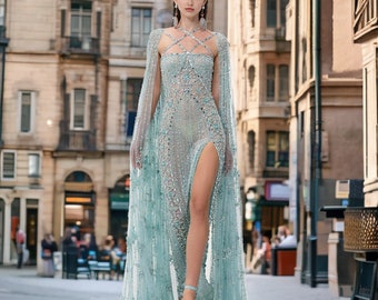 Luxury Lilac Criss Cross Beaded Mermaid Prom Dress With Cap Sleeves