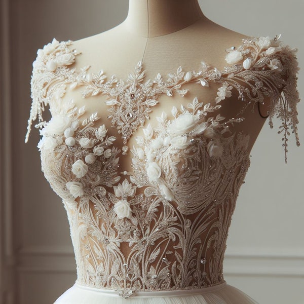 Ellie Saab 2024 Inspo hand embroidery, applique 3D Flower Bridal Bodice, Evening Gown, Bridal Corset, Mother of Bride, Prom dress. Rosettes