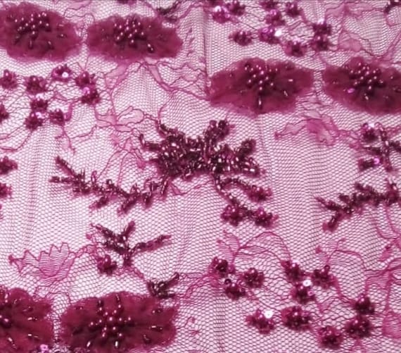 Prom Dress Fabric, Hand Embroidery , 3d flower applique for Elie Saab  dress, Oscar de la Renta, fabric, magenta Flower Applique Fabric