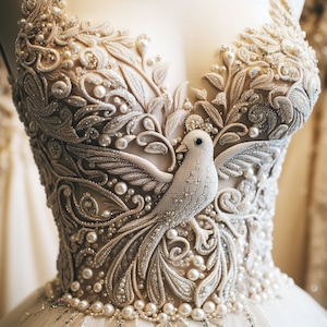 Ellie Saab inspired exquisite couture hand embroidery corset bridal bodice, hand embroidered bird delicately holding the corset together