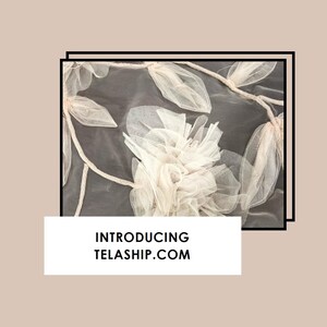 Puede incluir: Primer plano de una tela blanca delicada con un dise&ntilde;o floral. La tela est&aacute; en capas y fruncida, creando un aspecto suave y rom&aacute;ntico. El texto "INTRODUCING TELASHIP.COM" se muestra debajo de la tela.