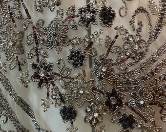 Antique heavy  Hand beaded luxur embroidery fabric with   crystals for mother of bride , mother of groom , evening gown fabric , Gown