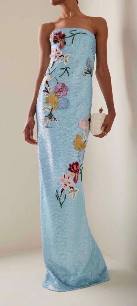 Dress, Monique Lhuillier Spring 2023 RTW Collection Blue Sequin Embroidery  Dress Wedding Evening Gown Sister of Bride Sweet 16 Prom Dress 