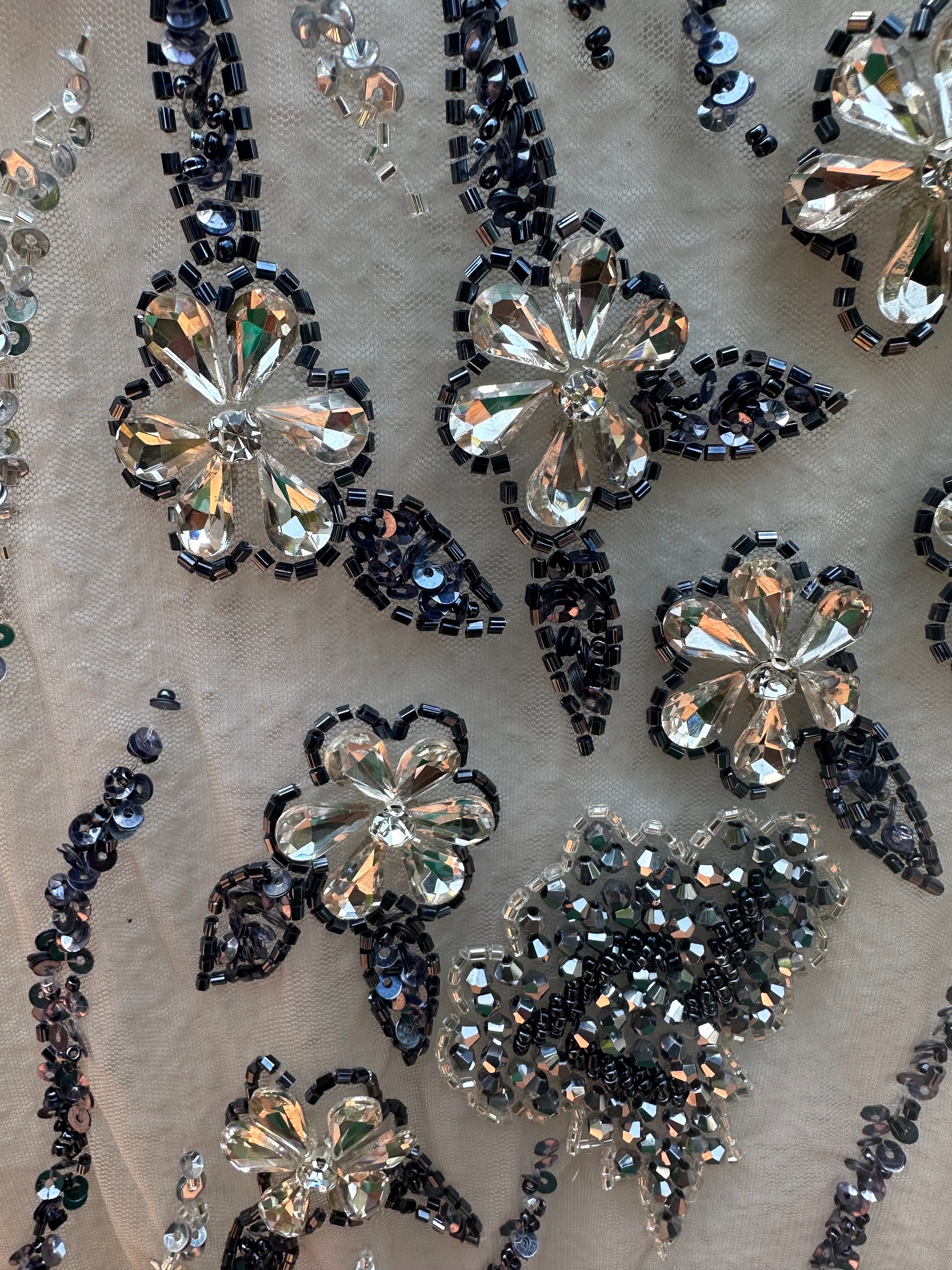 Beautiful Swarovski Crystal Fabric Embroidery Texture Patterns Reference: Navy Blue Hand Beaded Couture Evening Gown Fabric With Heavy
