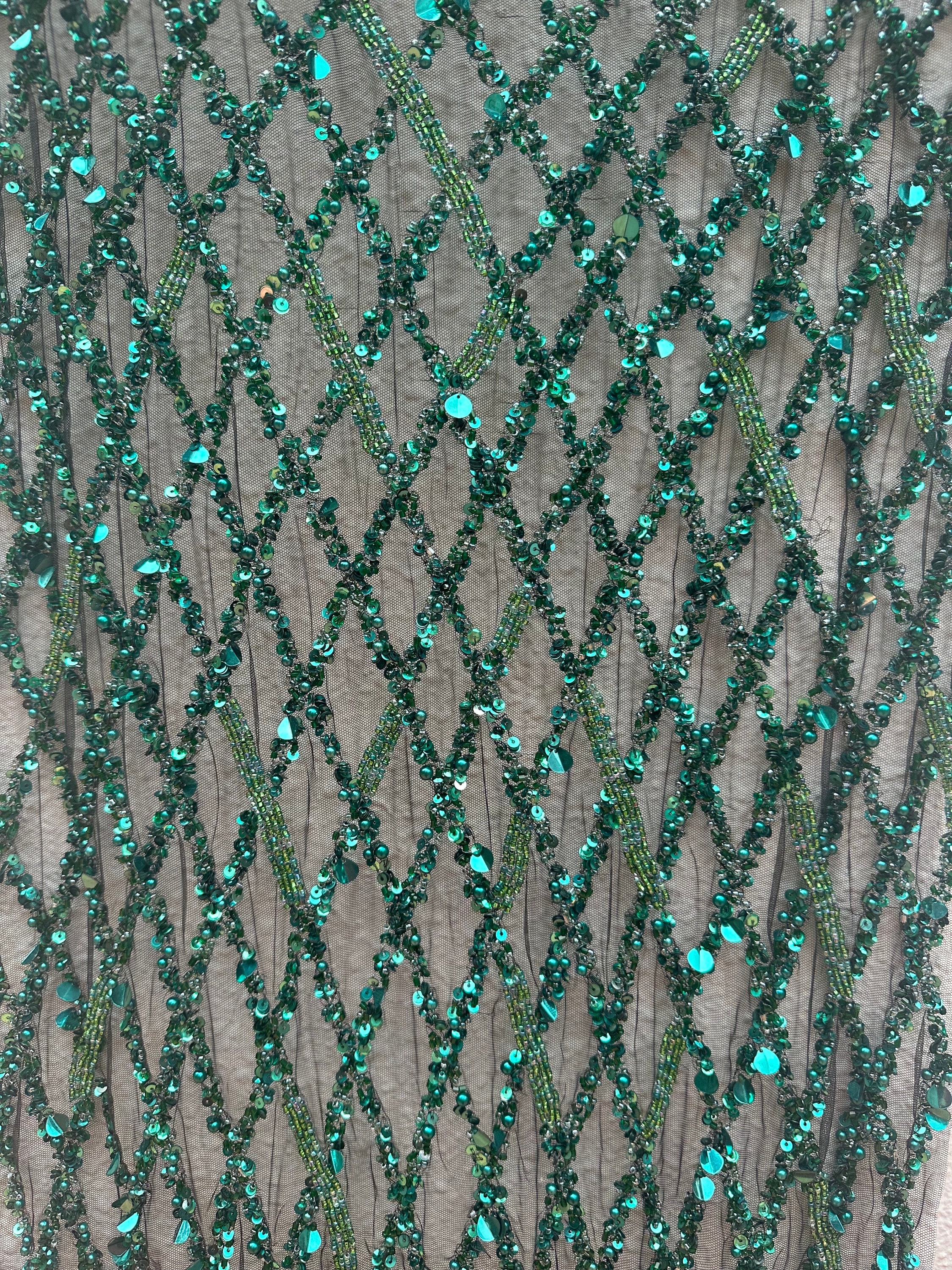 Green corded lace fabric scallop edge both ends rich dark emerald