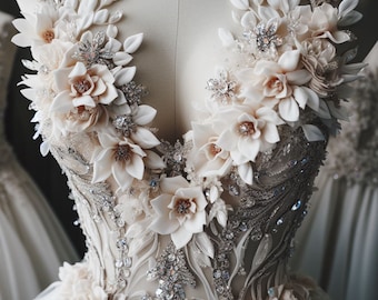 Ellie Saab 2024 inspo hand embroidery 3D FLOWER  Bridal Bodice, Corset for Bride, Evening Gown, Mother of bride, Prom dress.