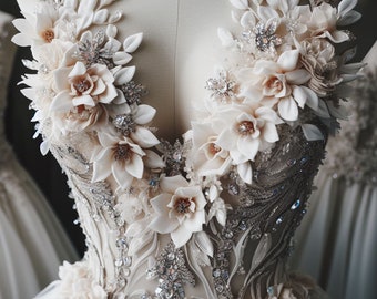 Ellie Saab 2024 inspo hand embroidery 3D FLOWER  Bridal Bodice, Corset for Bride, Evening Gown, Mother of bride, Prom dress.