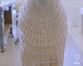 Oscar de la renta prefall 2023 inspired hand embroidery swaroski crystal dress fabric for evening wear,  gown , mother of bride,  Gown
