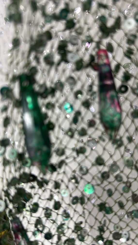 Oscar de La Renta inspired Cocktail Dress Swarovski dangling Glass Crystal  Bridal fabric evening gown fabric, crystal tassels green and pink