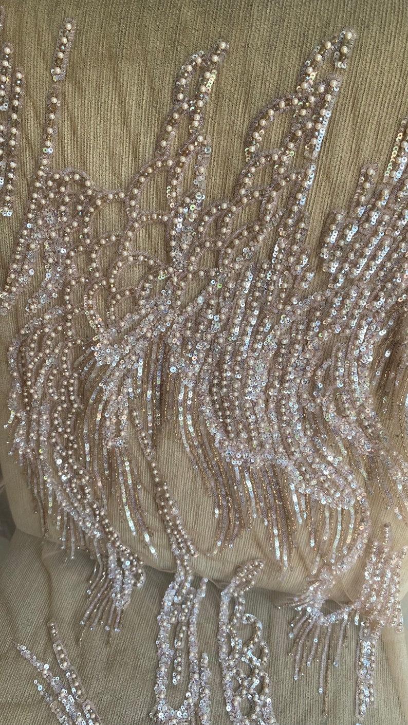 Pastel Pink Metallic Thread of Hand Embroidered Haute Couture Fabric ...