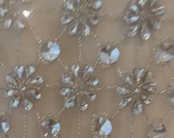 Swarovski Stone Glasss Crystal rhinestones Luxurious Bridal fabric evening gown fabric, crystal flower hand embroidered