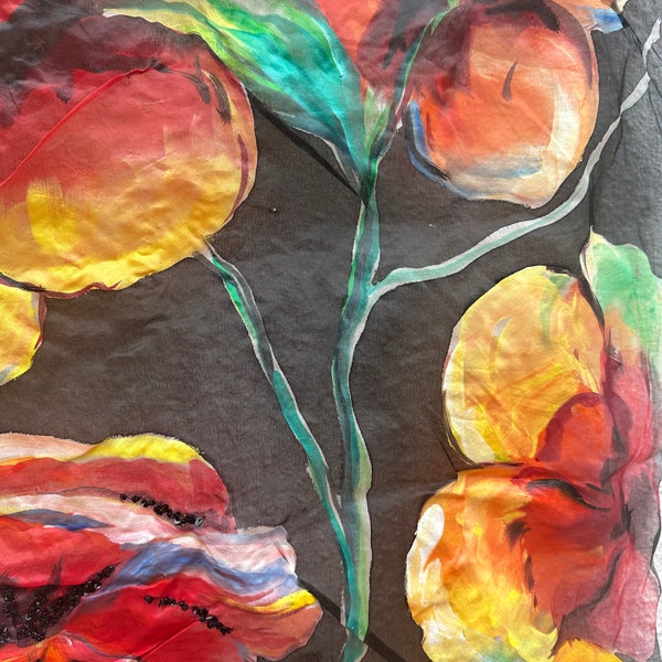 McQueen inspo hand painted fabric with red and black orchidflowers on silk organza . For designer evening gown Gown sweet 16