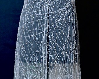以下が含まれることがあります： 銀色のスパンコールとビーズの繊細なパターンが施された白い透き通った生地。生地はマネキンにかけられています。