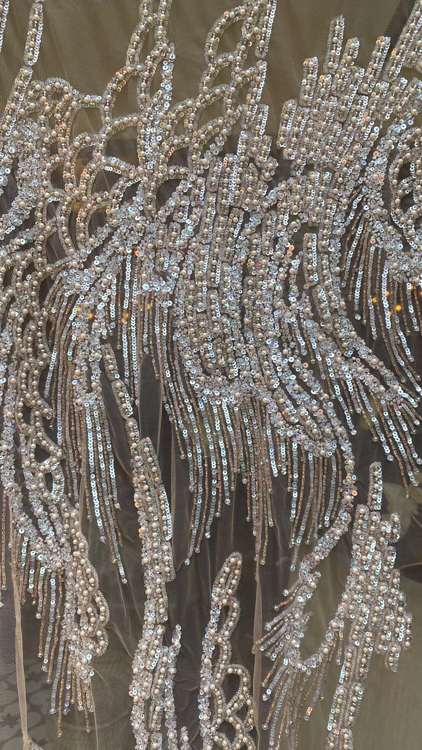 Pastel Pink Metallic Thread of Hand Embroidered Haute Couture Fabric ...
