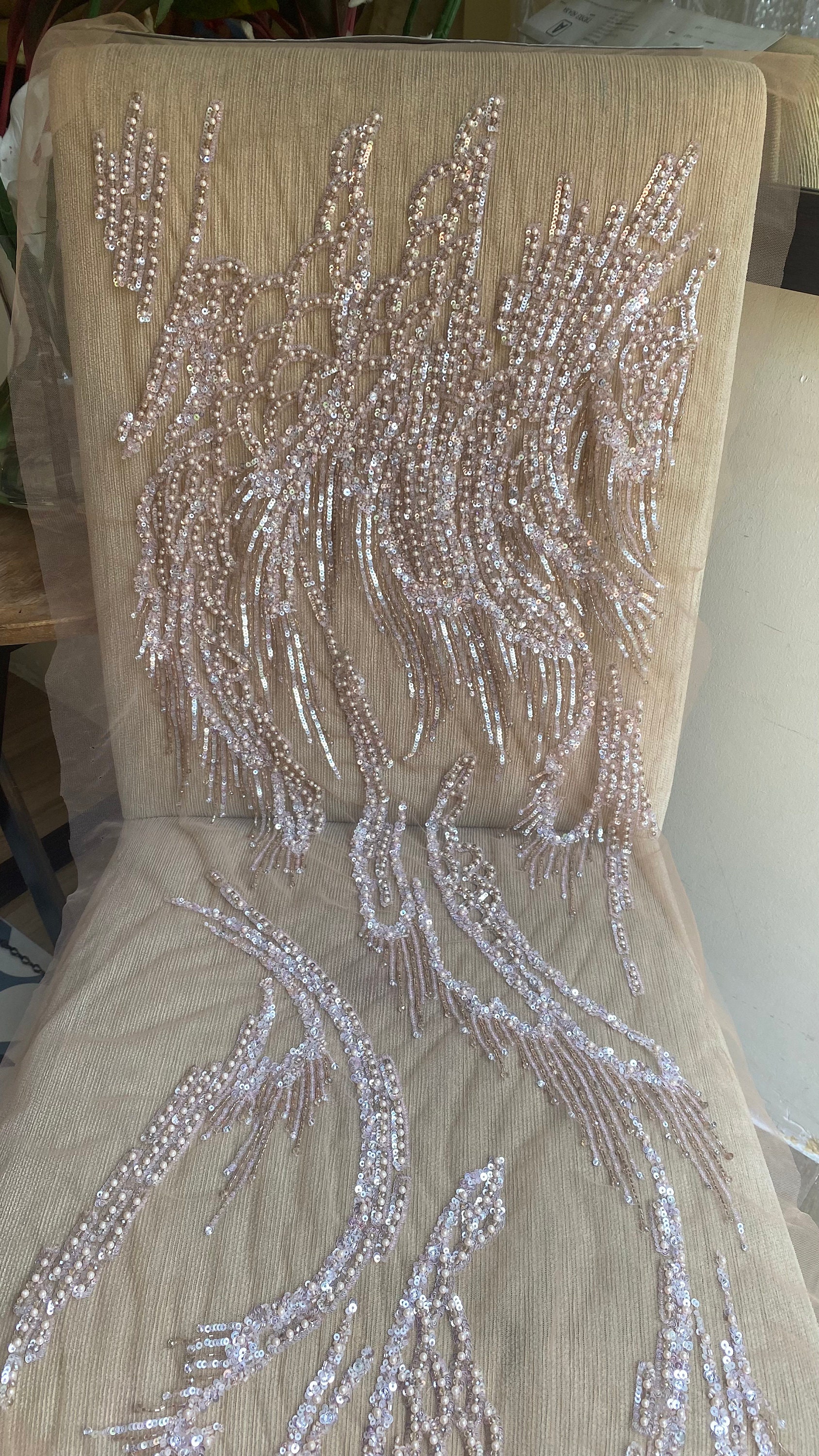 Pastel Pink Metallic Thread of Hand Embroidered Haute Couture Fabric ...