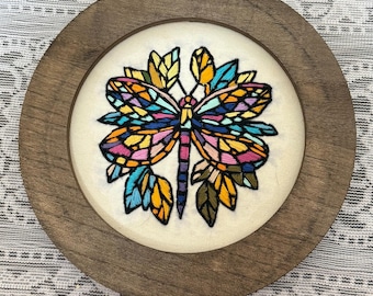 Hand made stained glass dragonfly embroidery