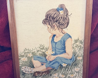 Girl in flower field needlepoint